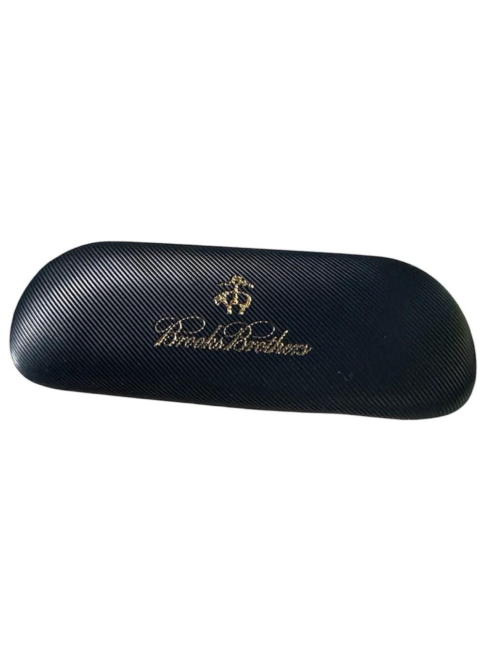 Brooks Brothers dark blue clamshell eyeglass case with embossed logo